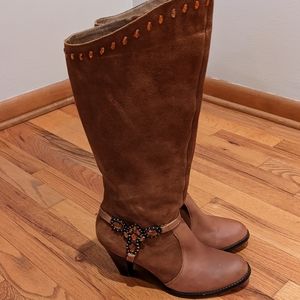 Camel Suede & Leather Rhinestone Embellished Boots